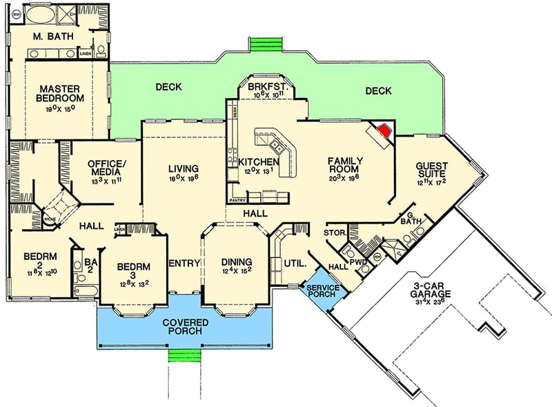 Plan 31030D: Flexible House Plan with Guest Suite - Floor Plan - Main Level - Country, Farmhouse, Hill Country
