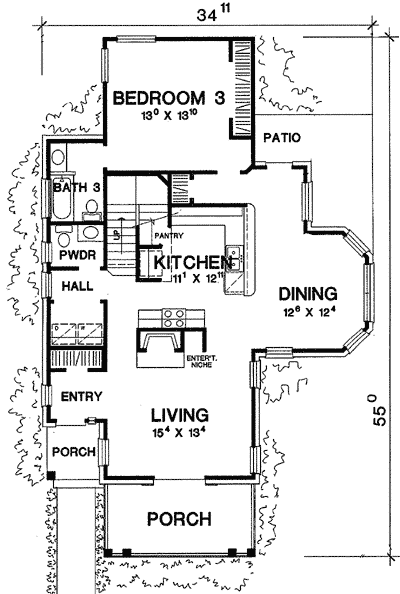 Plan 31138D: 2-Story Narrow Lot House Plan with Double Columned Porches - 1808 Sq Ft - Floor Plan - Main Level - Cottage, Country, Traditional