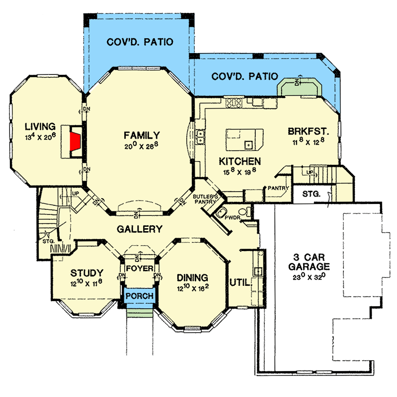 Plan 31165D: Hill Country House Plan with Two-Story Family Room - Floor Plan - Main Level - European, Hill Country