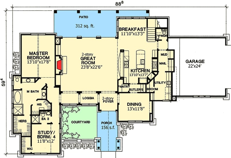 Plan 31169D: Classy Hill Country Home Plan with Courtyard - Floor Plan - Main Level - European, Hill Country, Rustic, Tuscan