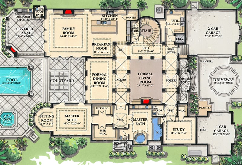 Plan 31804DN: World Class - Floor Plan - Main Level - European, Florida-Style, Mediterranean, Spanish