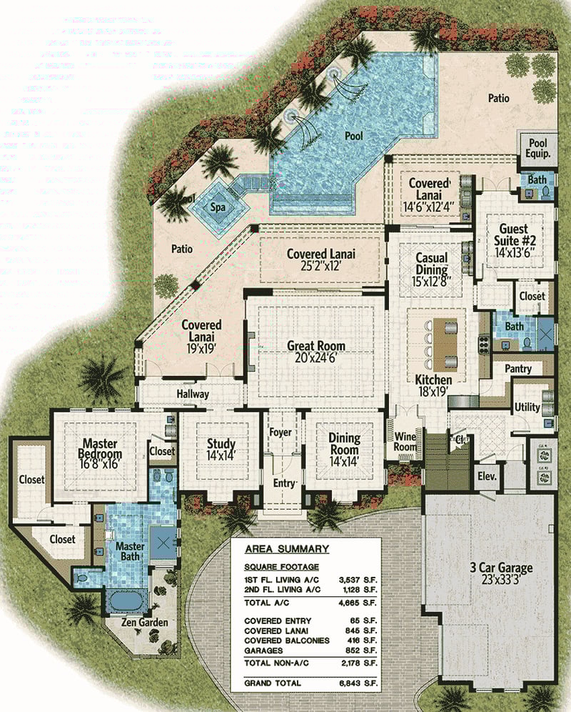 Plan 31820DN: Covered Lanai Down and Balconies Up - Floor Plan - Main Level - European, Florida-Style, Mediterranean, Southern
