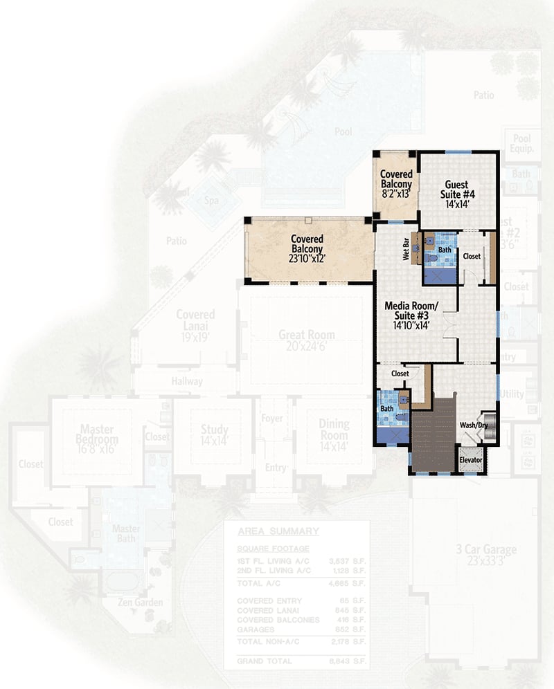 Plan 31820DN: Covered Lanai Down and Balconies Up - Floor Plan - 2nd Floor - European, Florida-Style, Mediterranean, Southern