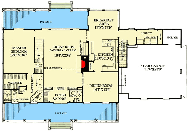 Plan 32489WP: Three Bedroom House Plan With Porches In Front and Back - Floor Plan - Main Level - Country, Southern