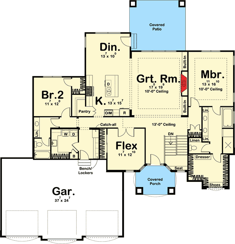 Plan 62648DJ: One Story Living with 2 Beds Plus Flex Room - Floor Plan - Main Level - European, Mediterranean