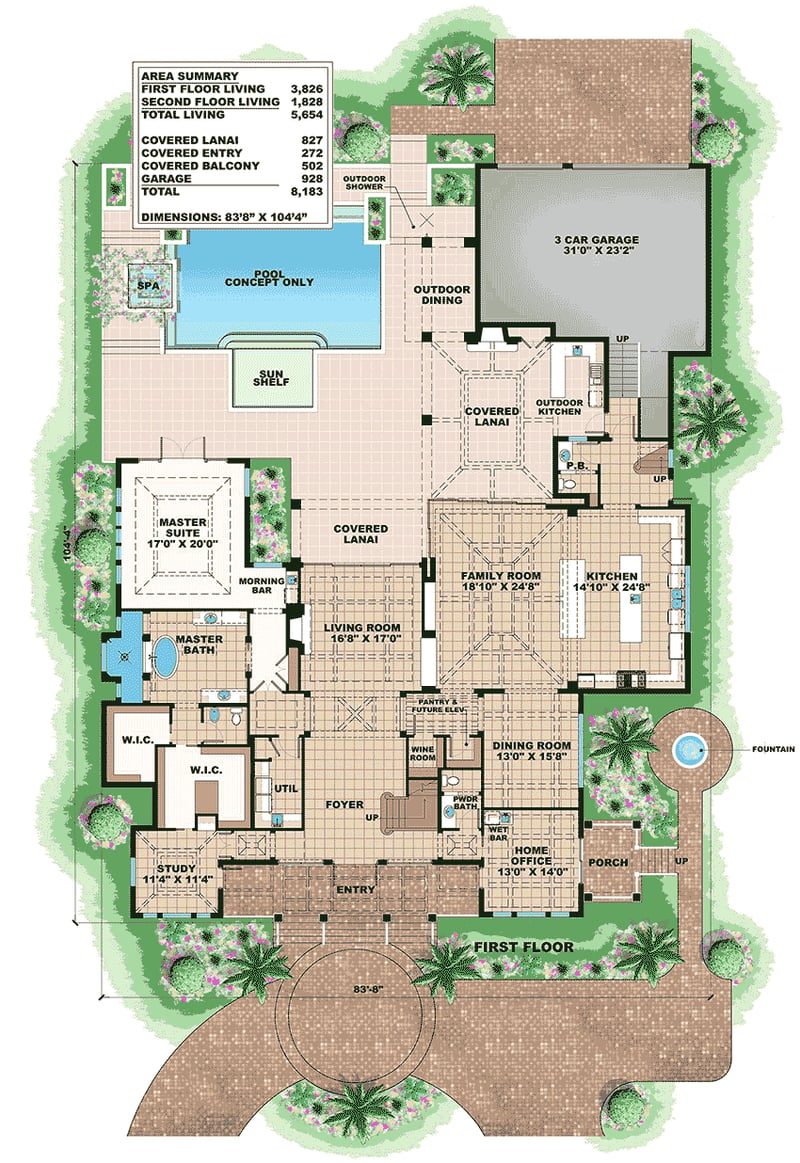 Plan 66361WE: Luxurious Southern Traditional House Plan - 5654 Sq Ft - Floor Plan - Main Level - Florida-Style, Southern, Southern Traditional