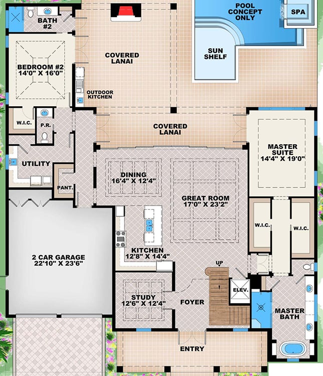 Plan 66364WE: Luxurious Five Bedroom Florida House Plan - Floor Plan - Main Level - Florida-Style, Southern, Traditional