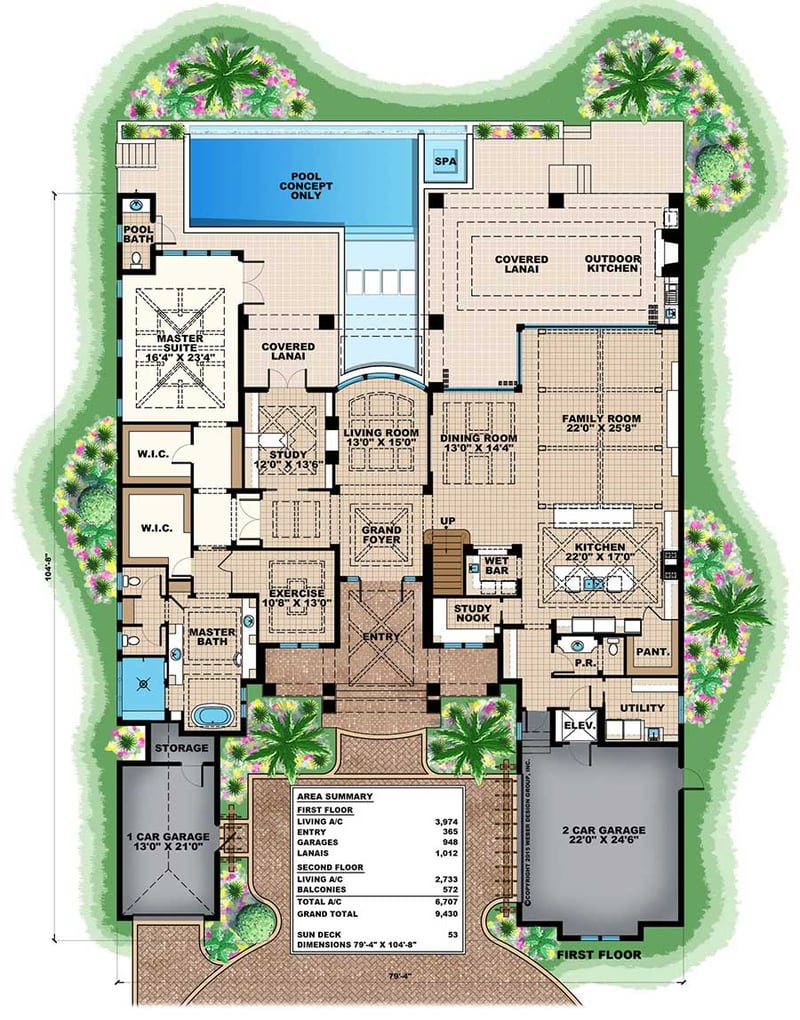 Plan 66370WE: Grand Florida House Plan With Junior Master Suite - Floor Plan - Main Level - Florida-Style, Southern