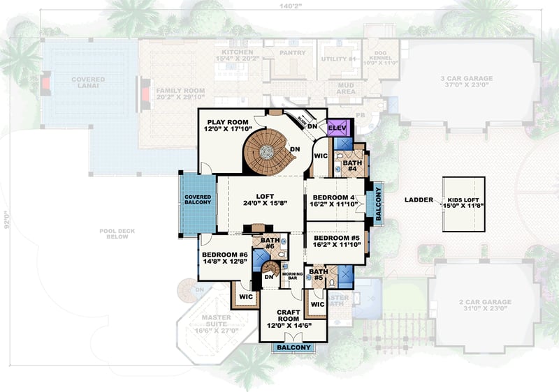 Plan 66376WE: Luxury European Coastal House Plan with 6 Bedrooms and 5-Car Garage - Floor Plan -  - Coastal, European, Florida-Style, Southern, Tuscan