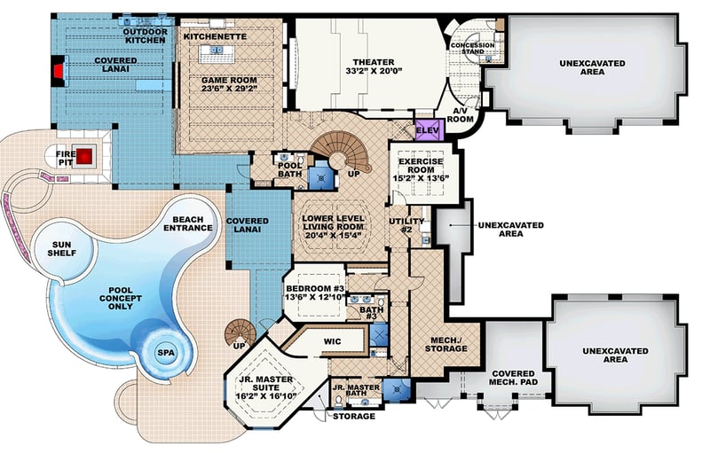 Plan 66376WE: Luxury European Coastal House Plan with 6 Bedrooms and 5-Car Garage - Floor Plan - Lower Level - Coastal, European, Florida-Style, Southern, Tuscan