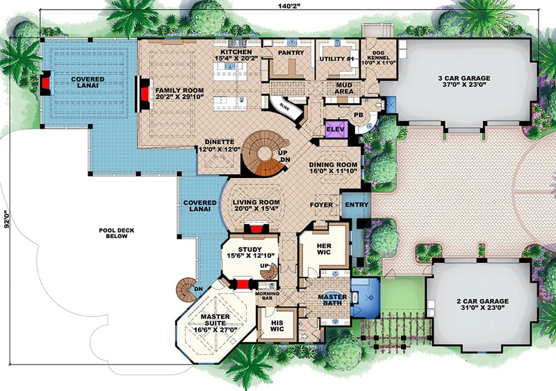 Plan 66376WE: Luxury European Coastal House Plan with 6 Bedrooms and 5-Car Garage - Floor Plan -  - Coastal, European, Florida-Style, Southern, Tuscan