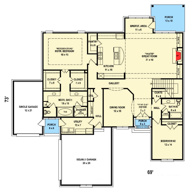 Plan 58584SV: Traditional House Plan with Second Floor Rec Room - Floor Plan - Main Level - Traditional