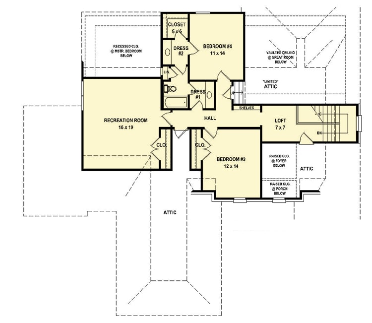 Plan 58584SV: Traditional House Plan with Second Floor Rec Room - Floor Plan - 2nd Floor - Traditional
