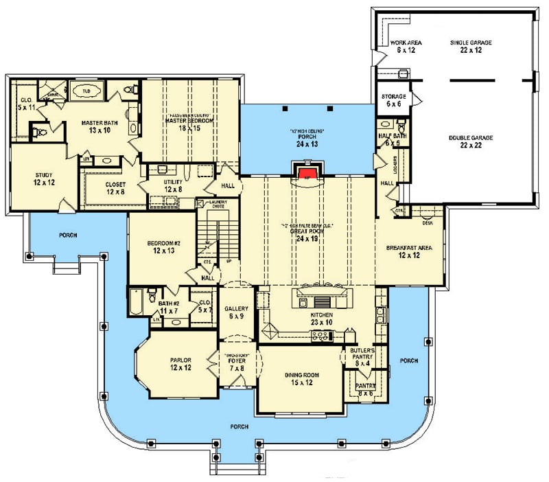 Plan 58597SV: Spacious 4300 Square Foot Farmhouse Plan - Floor Plan - Main Level - Country, Farmhouse, Traditional