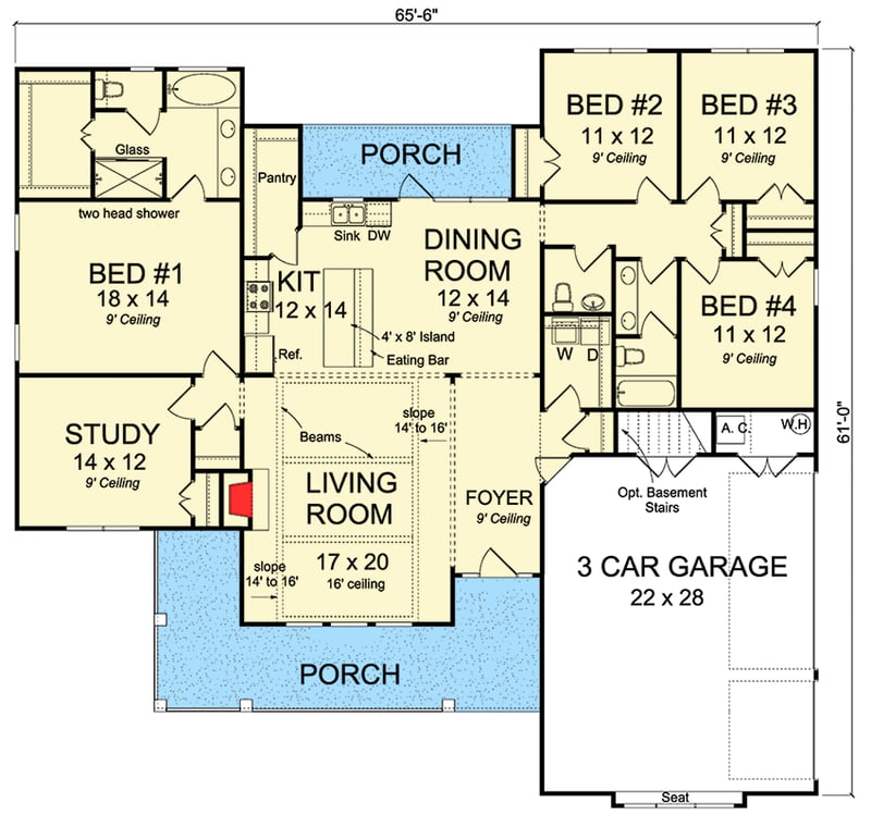 Plan 52270WM: Good-Looking Southern Ranch House Plan - 2265 Sq Ft - Floor Plan - Main Level - Ranch, Southern, Traditional