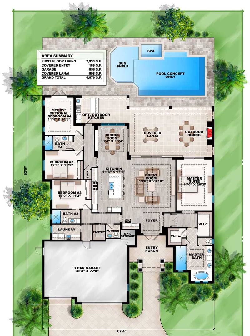 Plan 86027BW: Coastal Contemporary House Plan with Great Outdoor Spaces - 2933 Sq Ft - Floor Plan - Main Level - Coastal, Coastal Contemporary, European, Florida-Style, Southern, Traditional