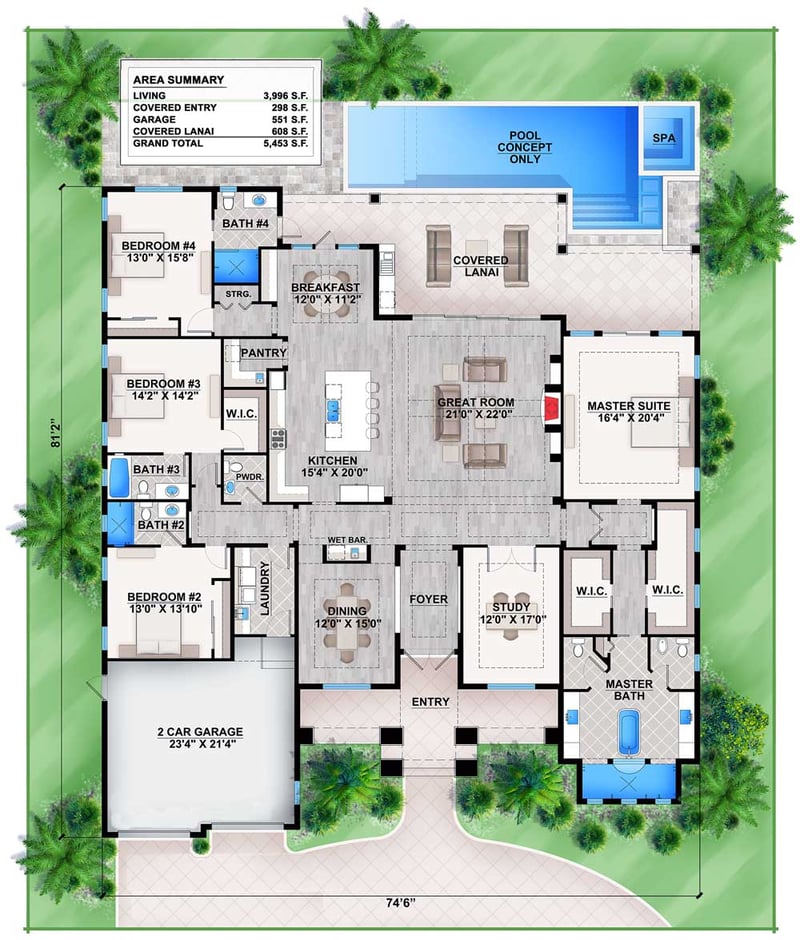 Plan 86029BS: Florida House Plan with Stunning Master Suite - 3996 Sq Ft - Floor Plan - Main Level - Coastal Contemporary, Contemporary, Florida-Style, Mediterranean