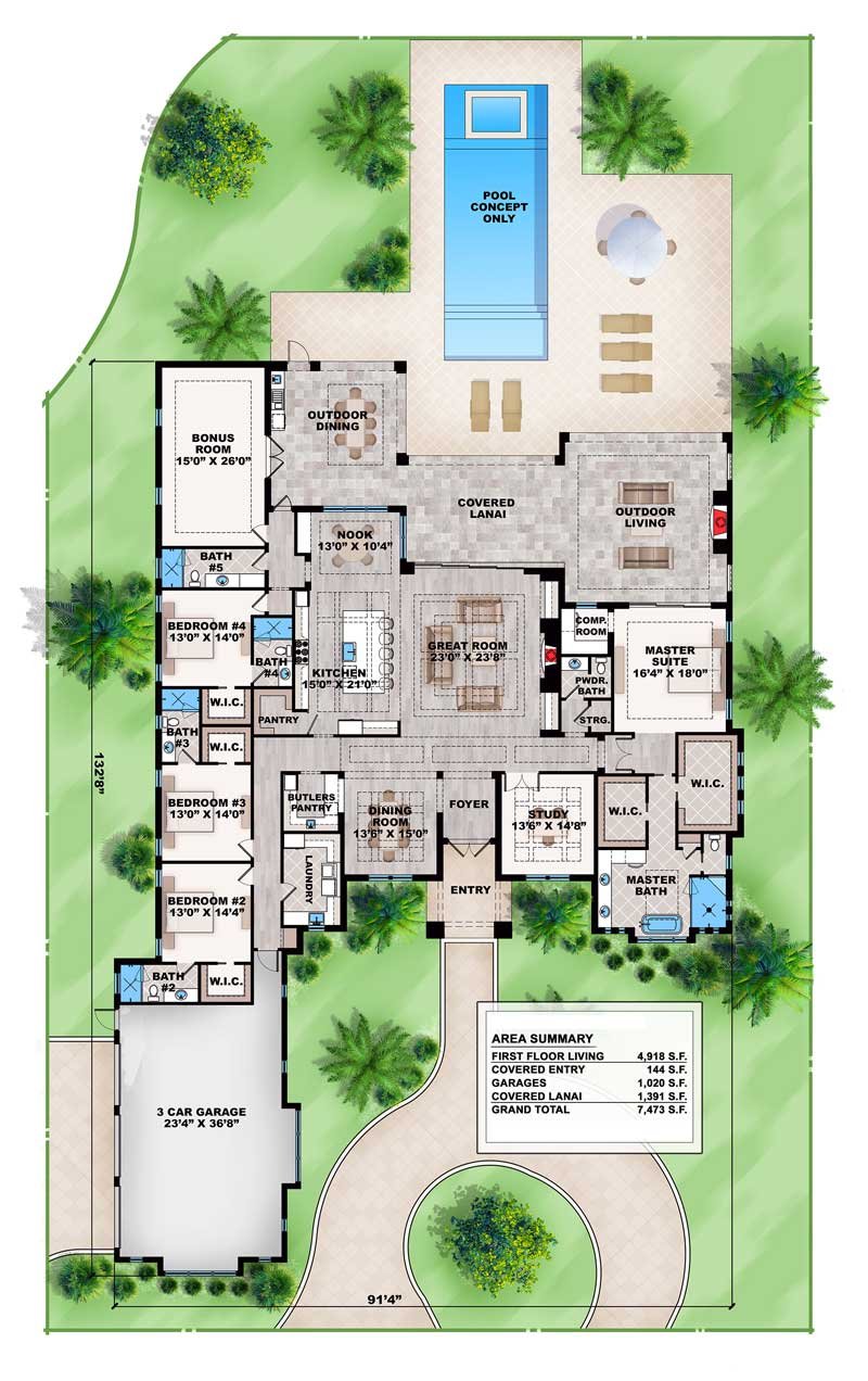 Plan 86031BW: Contemporary House Plan with Outdoor Living and Dining Areas - Floor Plan - Main Level - Contemporary, Florida-Style