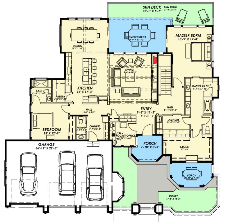 Plan 64423SC: Mediterranean House Plan with Finish Lower Level - Floor Plan - Main Level - Florida-Style, Mediterranean