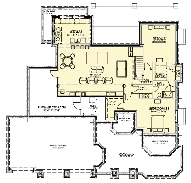 Plan 64423SC: Mediterranean House Plan with Finish Lower Level - Floor Plan - Optionally Finished Lower Level - Florida-Style, Mediterranean