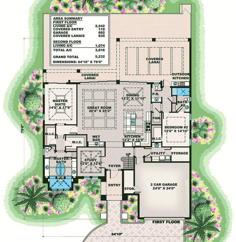 Plan 66381WE: Florida House Plan with Game Room and Loft - Floor Plan - Main Level - Florida-Style, Southern