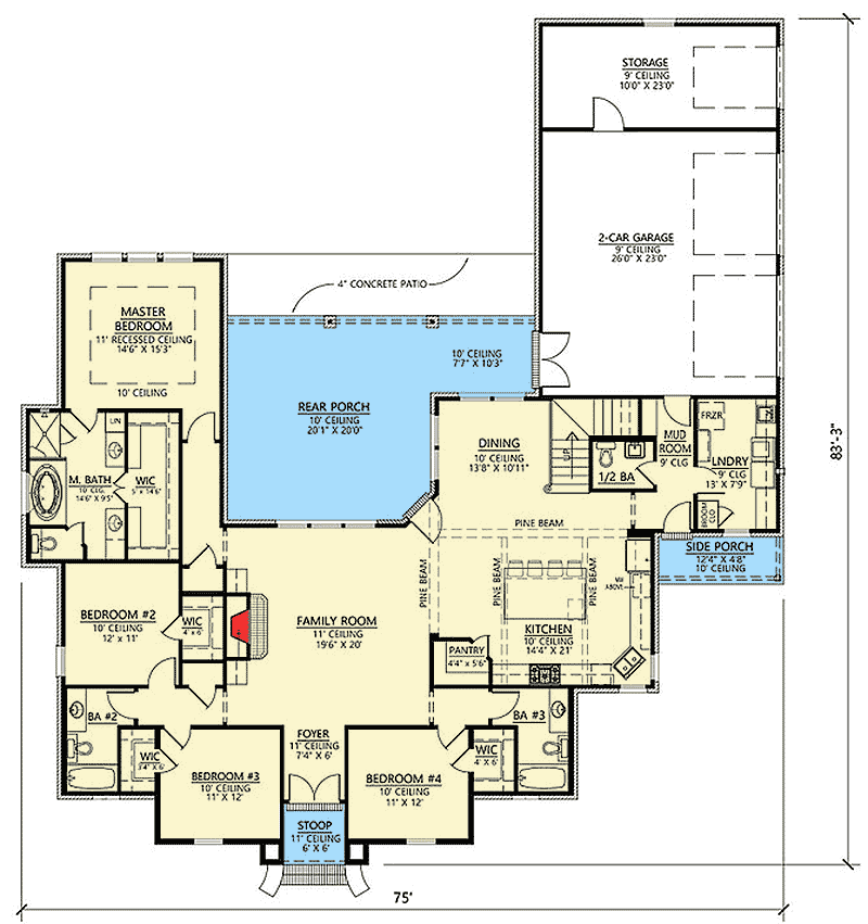 Plan 56412SM: Four Bedroom Acadian House Plan with Bonus Room Expansion - 2605 Sq Ft - Floor Plan - Main Level - European, French Country, Southern