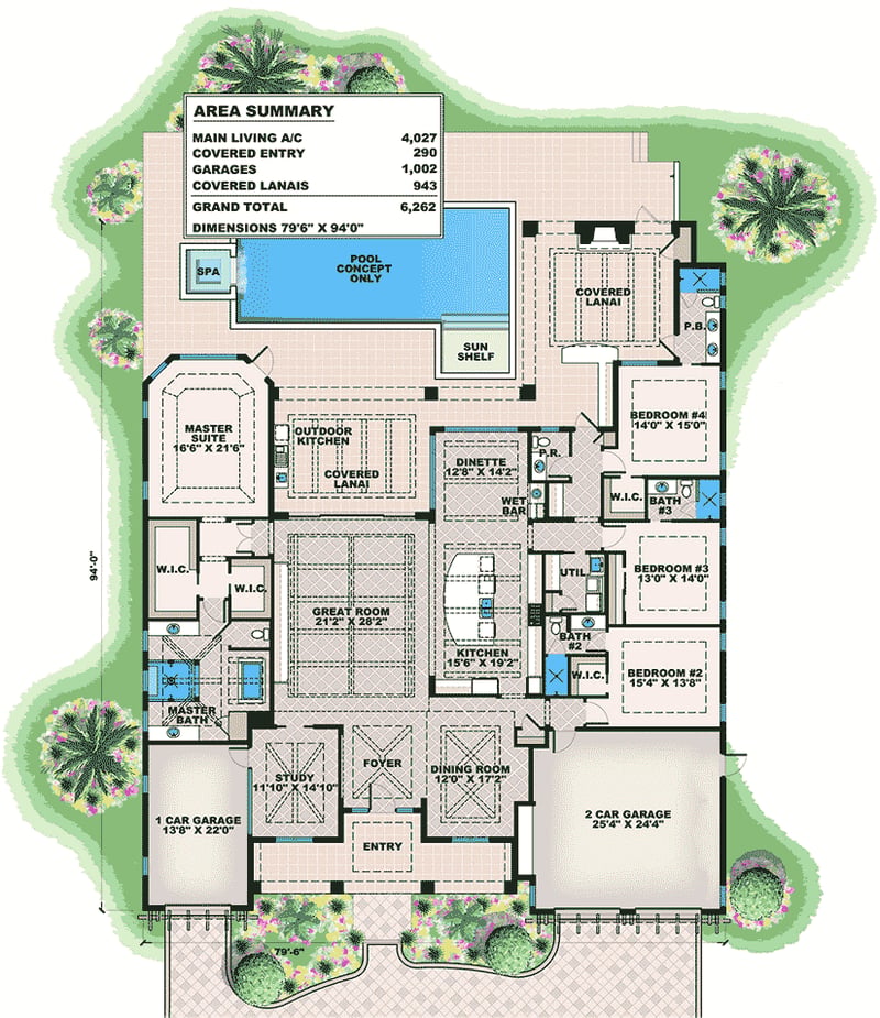 Plan 66383WE: Luxury Coastal Contemporary House Plan with 4 Beds, 3-Car Garage, Expansive Lanai - Floor Plan - Main Level - Coastal, Coastal Contemporary, Florida-Style, Southern