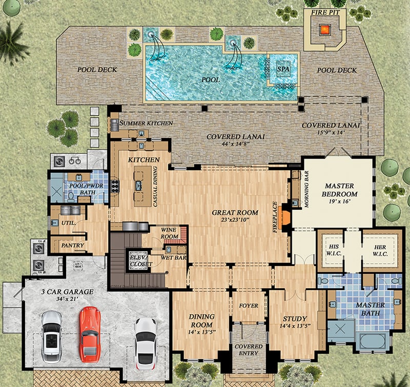 Plan 31845DN: Upscale Florida House Plan - Floor Plan - Main Level - Coastal, Florida-Style, Southern
