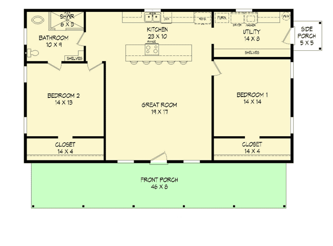 Plan 68442VR: Rustic Two Bedroom Ranch House Plan - Floor Plan - Main Level - Country, Ranch, Rustic