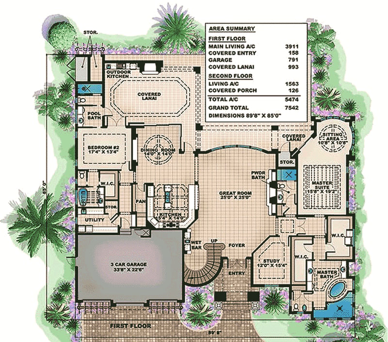 Plan 66369WE: Luxury 5 Bed 7 Bath Mediterranean Style House Plan - 5474 Sq Ft - Floor Plan - Main Level - Florida-Style, Mediterranean
