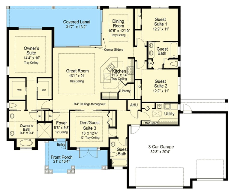 Plan 33171ZR: Flexible Coastal Contemporary House Plan with Optional 4th Bedroom - Floor Plan - Main Level - Coastal, Coastal Contemporary, Contemporary, Florida-Style, Southern, Transitional