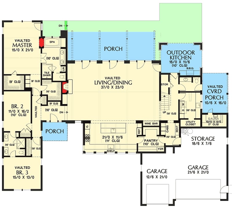 Plan 69636AM: Dramatic Contemporary House Plan with Vaulted Great Room - Floor Plan - Main Level - Contemporary, Mid Century Modern, Modern, Northwest