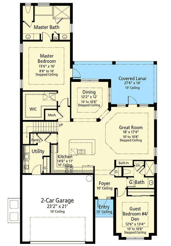 Plan 33179ZR: Two-Story Florida House Plan with 4-5 Bedrooms - Floor Plan - Main Level - Florida-Style, Southern