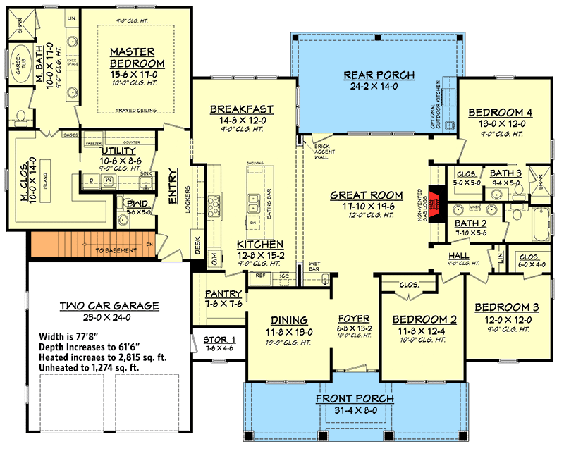 Plan 51756HZ: 4 Bed Craftsman with Tapered Columns - Floor Plan - Basement option - Cottage, Country, Craftsman, New American, Northwest, Traditional