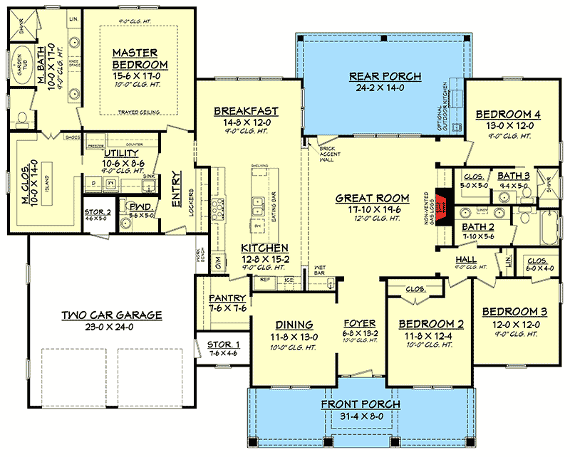 Plan 51756HZ: 4 Bed Craftsman with Tapered Columns - Floor Plan - Main Level - Cottage, Country, Craftsman, New American, Northwest, Traditional