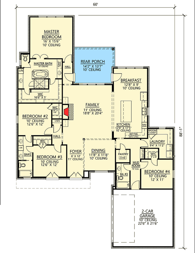 Plan 56414SM: Four Bed French Country Home Plan  - Floor Plan - Main Level - Acadian, Country, French Country, Louisiana-Style, Southern