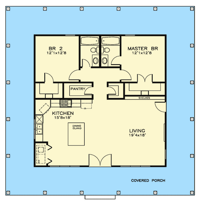 Plan 530004UKD: Two Bedroom Southern Cottage - Floor Plan - Main Level - Cottage, Southern