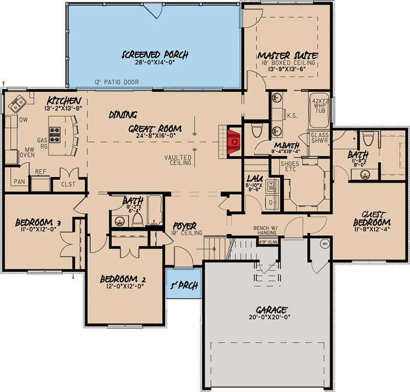Plan 70541MK: 4 Bed Southern House Plan with Vaulted Great Room - 1994 Sq Ft - Floor Plan - Main Level - Southern, Traditional