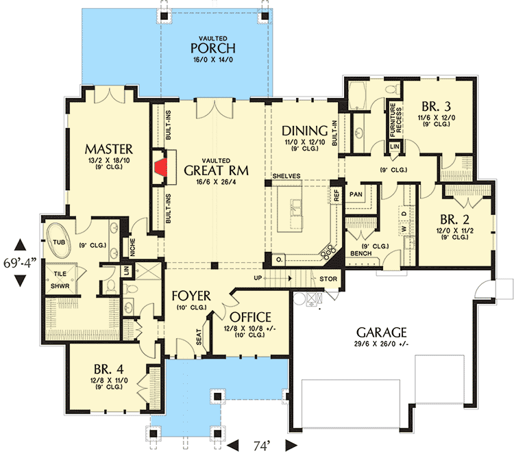Plan 69650AM: Rugged Craftsman House Plan with Upstairs Game Room - Floor Plan - Main Level - Craftsman, Mountain, Northwest, Ranch, Rustic
