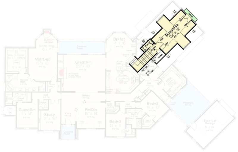 Plan 48537FM: Grand French Country House Plan with Bonus Over Garage - Floor Plan - Bonus - European, French Country