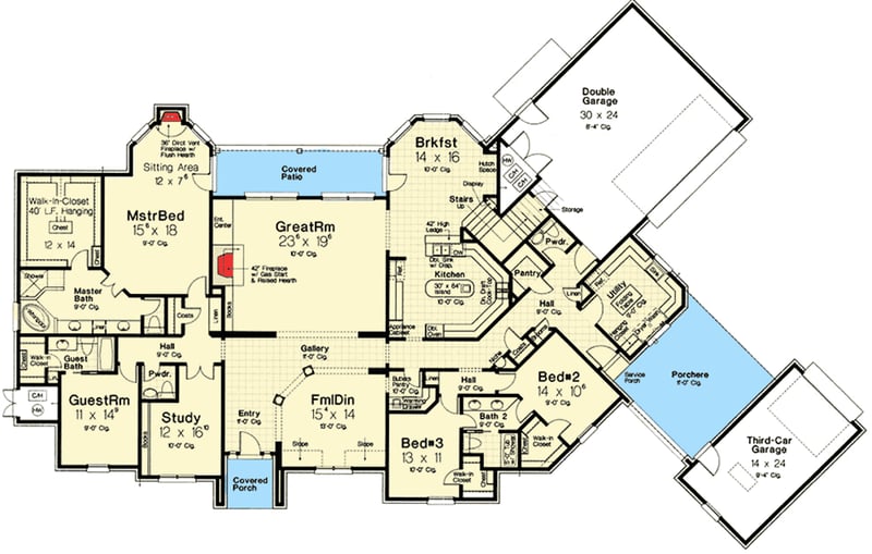 Plan 48537FM: Grand French Country House Plan with Bonus Over Garage - Floor Plan - Main Level - European, French Country