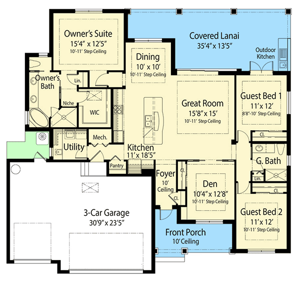 Plan 33186ZRX: Mediterranean House Plan with Options - Floor Plan - Main Level - Mediterranean, Southern