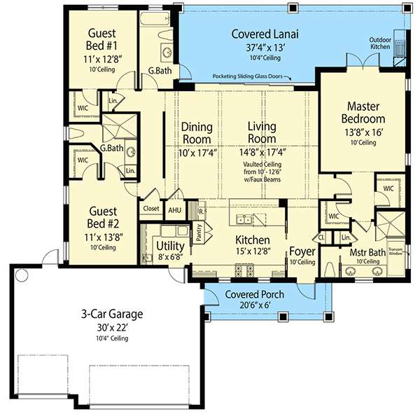 Plan 33190ZRX: 3-Bed  House Plan with Covered Front Porch - Floor Plan - Main Level - Country, Traditional