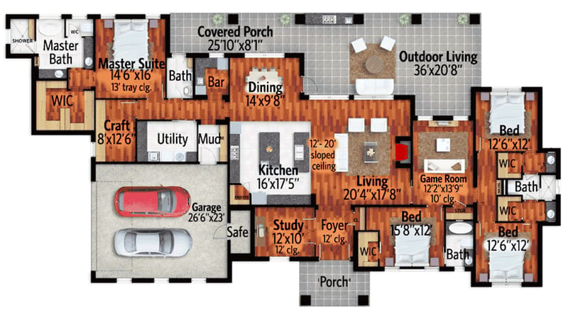 Plan 430002LY: Modern Hill Country House Plan with Side Load Garage - Floor Plan - Main Level - Country, Hill Country, Ranch