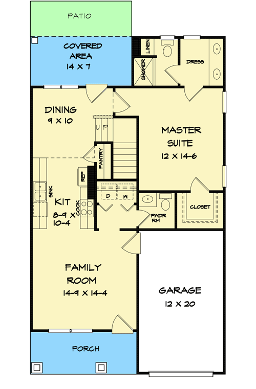 Plan 360001DK: Compact 3-Bed Country House Plan for a Narrow Lot - Floor Plan - Main Level - Country, Craftsman, Northwest, Traditional