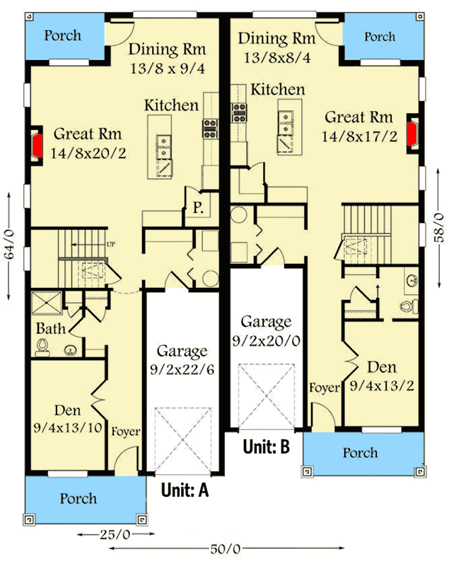 Plan 85162MS: 6-Bed Craftsman Duplex with Main Level Dens and 1-Car Garages - Floor Plan - Main Level - Craftsman, Northwest