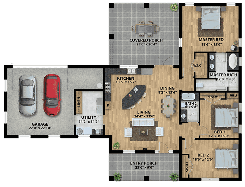 Plan 430017LY: Handsome Modern Texas Ranch House Plan - Floor Plan - Main Level - Ranch, Traditional