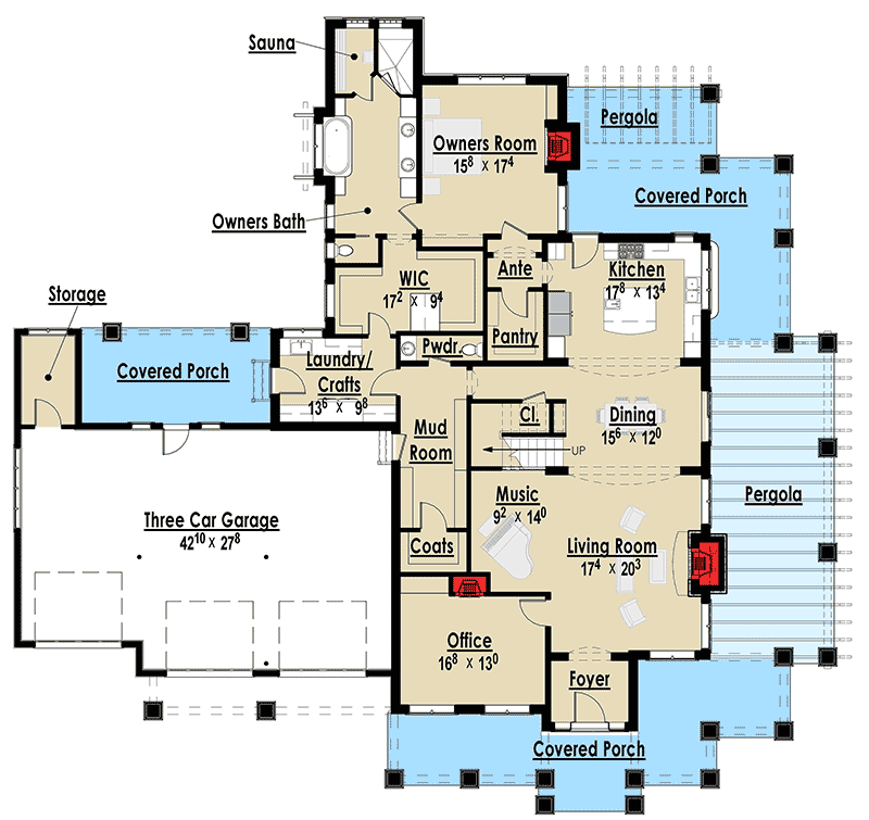 Plan 18295BE: 4-Bed Luxury Craftsman with Wrap-Around Porch - 4863 Sq Ft - Floor Plan - Main Level - Craftsman, Mountain, New American, Northwest