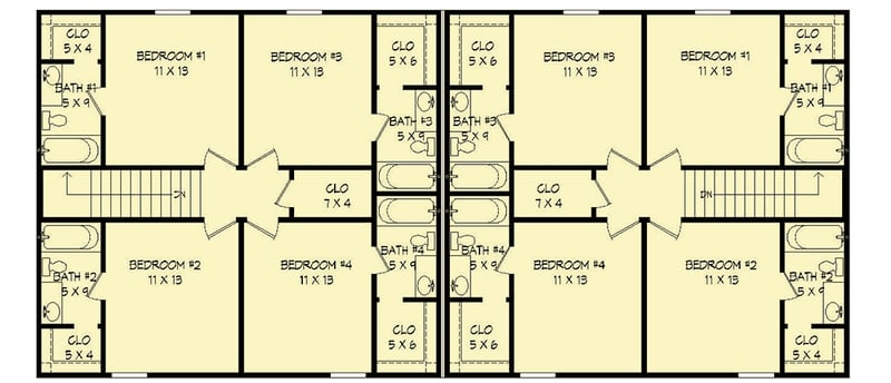 Plan 68483VR: Duplex House Plan with Side-To-Side Living Room - Floor Plan - 2nd Floor