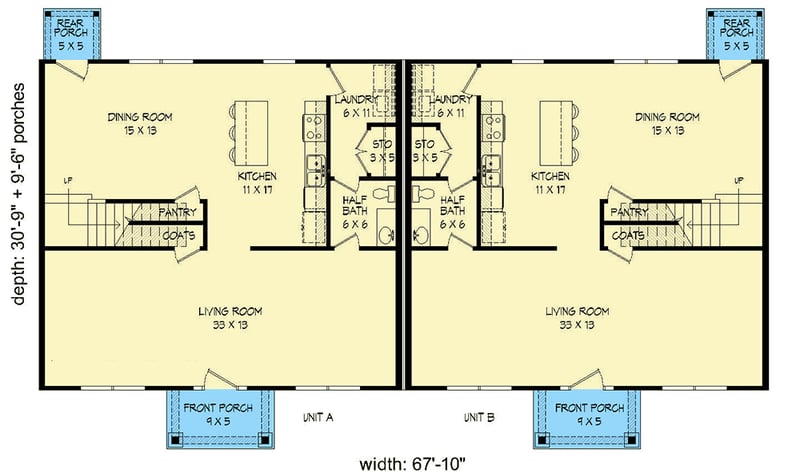 Plan 68483VR: Duplex House Plan with Side-To-Side Living Room - Floor Plan - Main Level